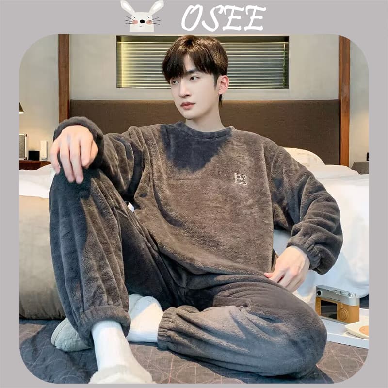 [OSEE] Pijama Masculino Plus Size 90kg Outono Inverno, Conjunto de Duas Peças em Fleece Grosso com Manga Longa e Pulôver