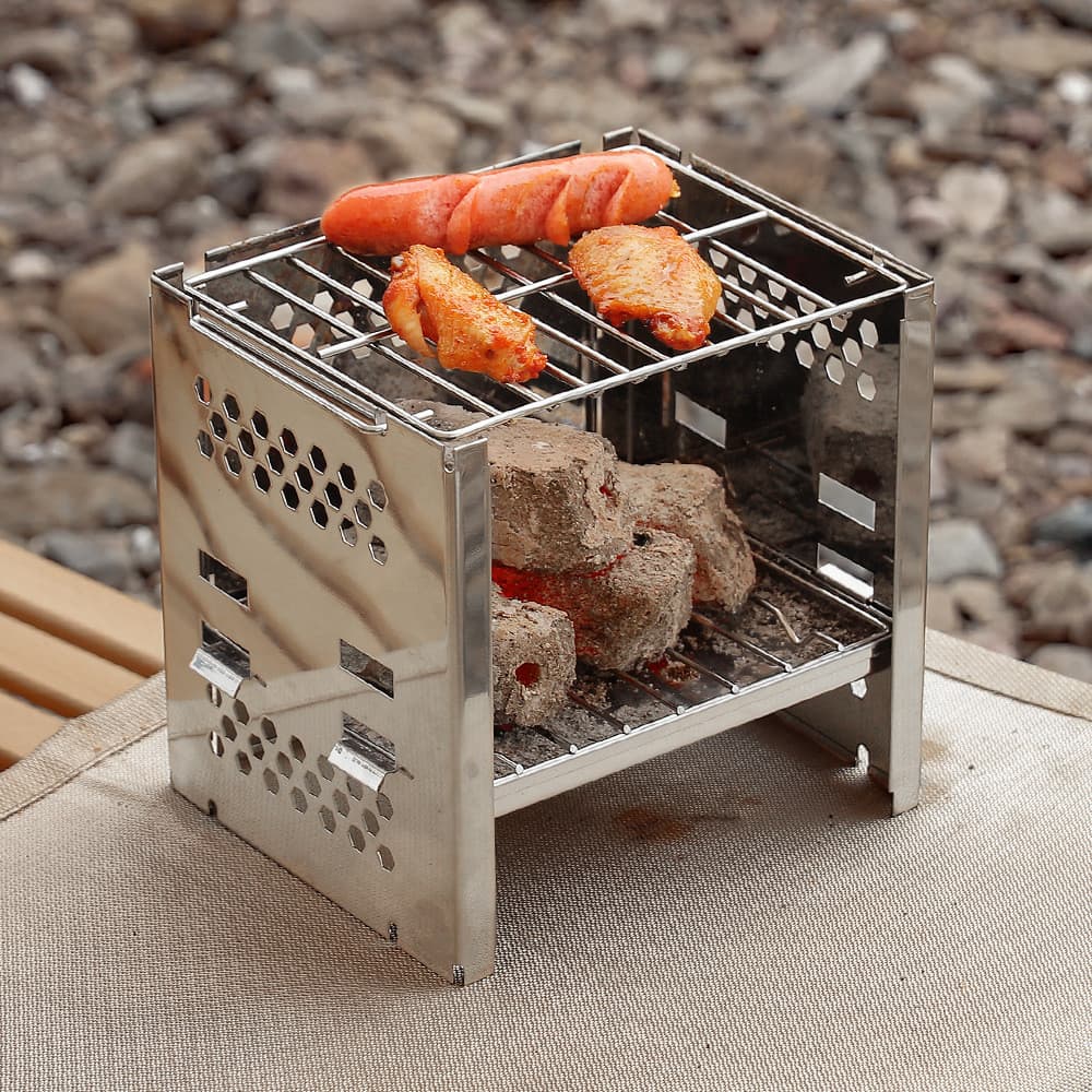 Churrasqueira ao ar livre de aço inoxidável dupla camada fogão a lenha churrasco piquenique fogão dobrável Mini acampame