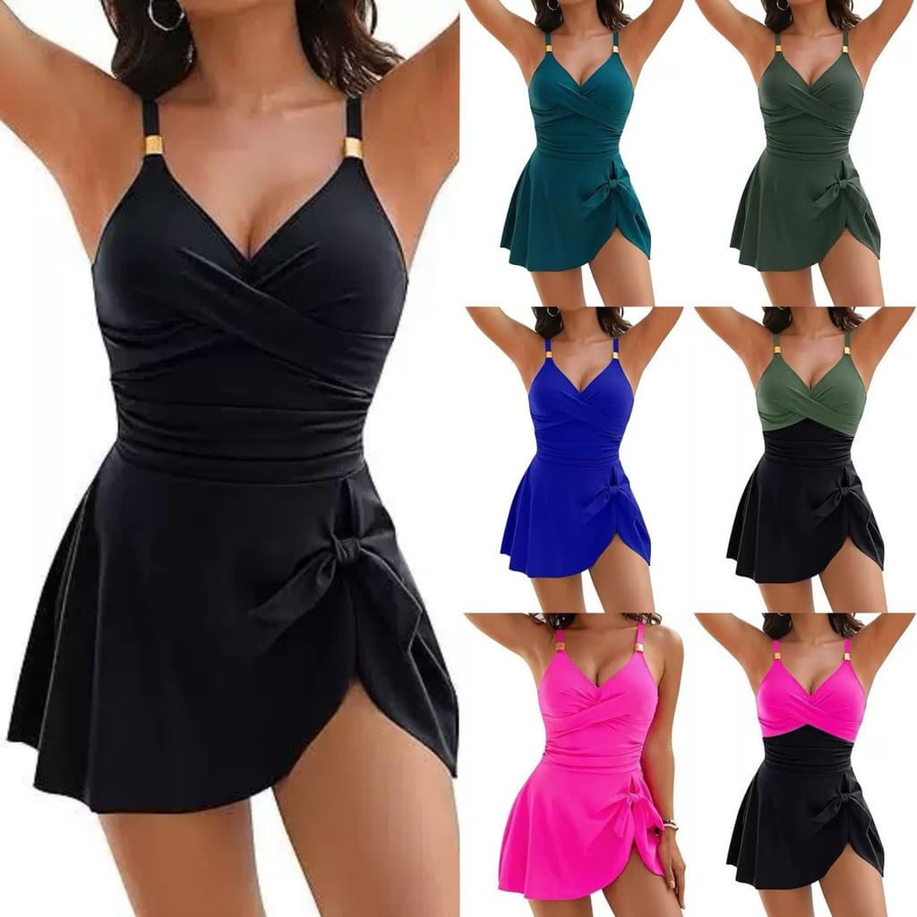 Maiô feminino com saia e decote em V cruzado, várias cores disponíveis, moda praia de verão 5AN9