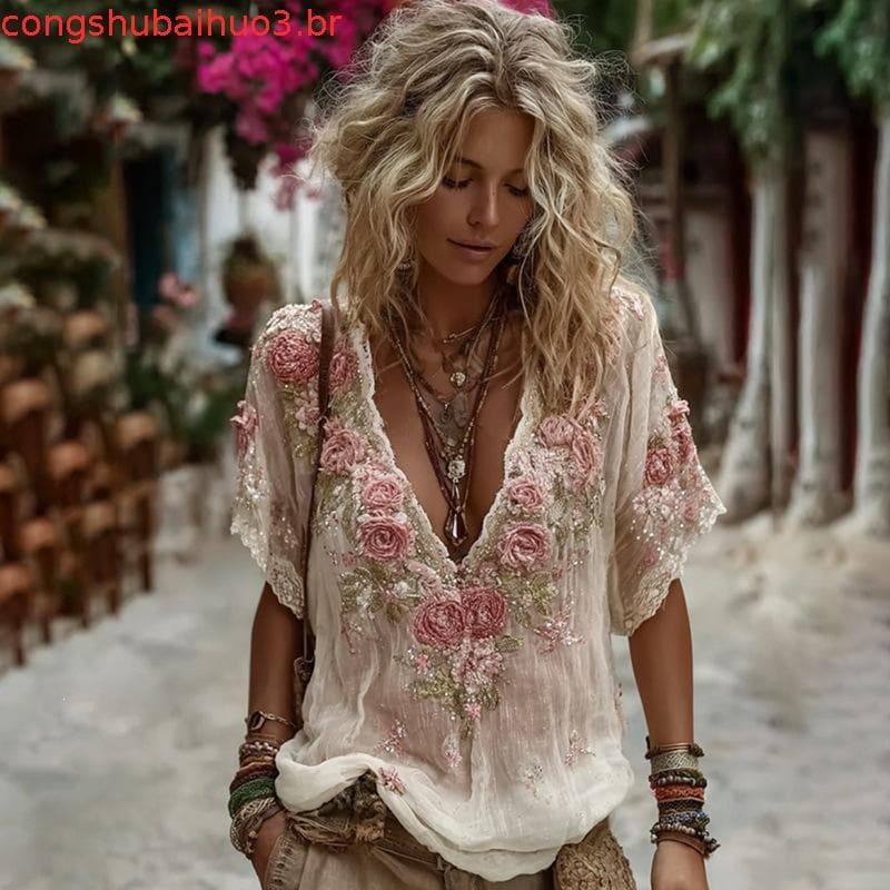 3d Printed Blouse Loose Shoulder Tops Women’s Summer Top V-neck Short Sleeve Fit Breathable Soft Jacquard Shirt Casual