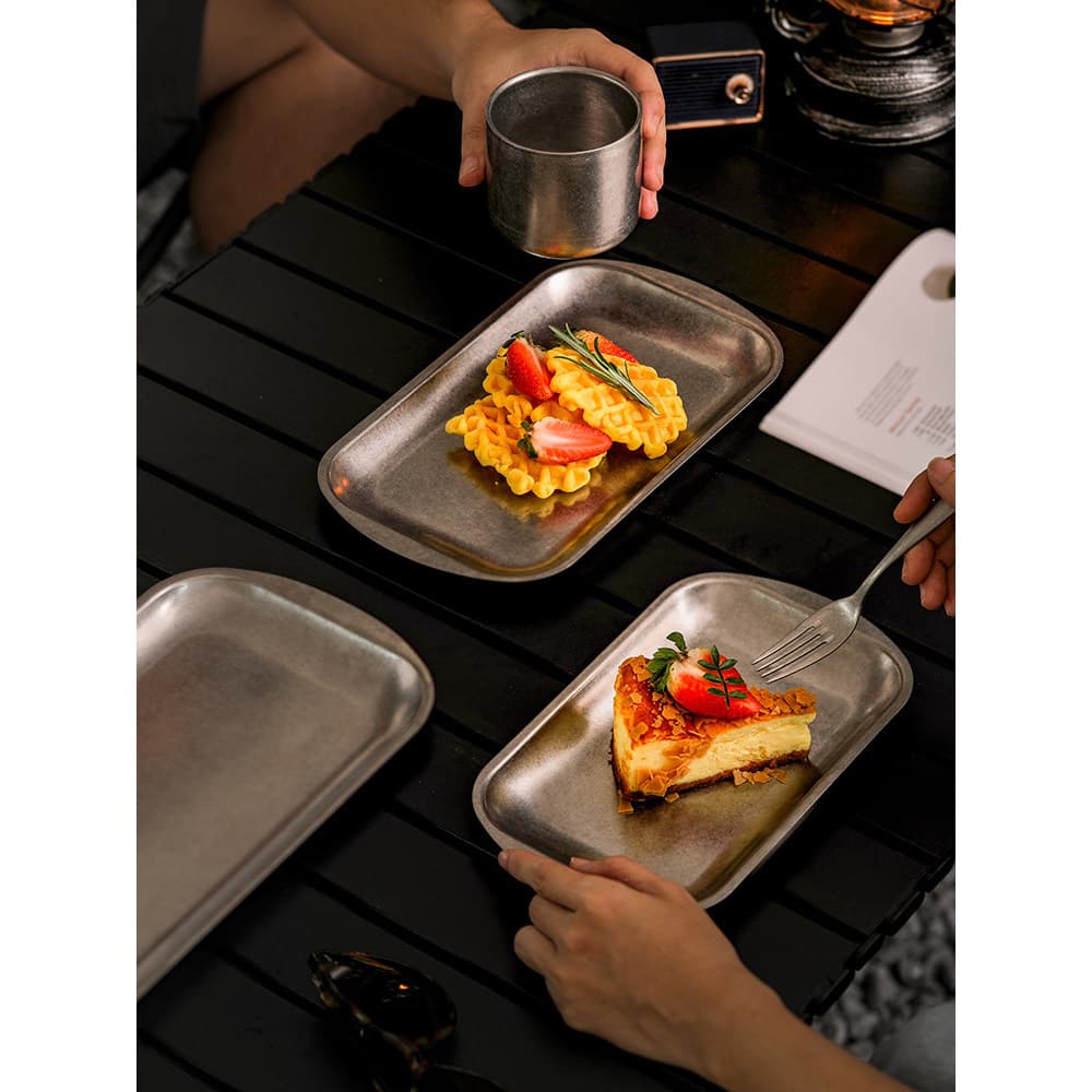 Retro lanche batatas fritas placa retangular bandeja criativa acampamento ao ar livre talheres placa quadrada de aço ino