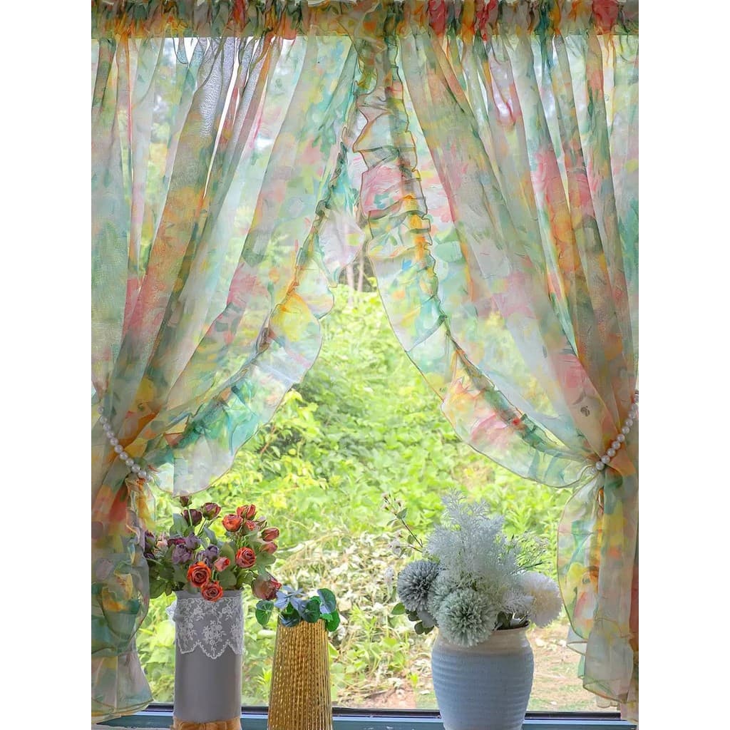Sem perfuração Retro impresso estilo Pastoral sala de estar quarto tela cortina Velcro babados janela tela porta Cur