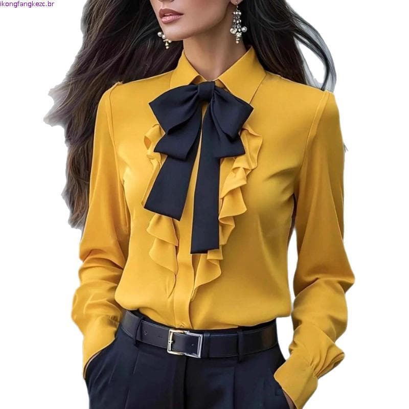 Moda Elegante Branco Casual Blusas Soltas Nova Lapela Gravata Borboleta Manga Longa Senhora Do Escritório Csa Feminin
