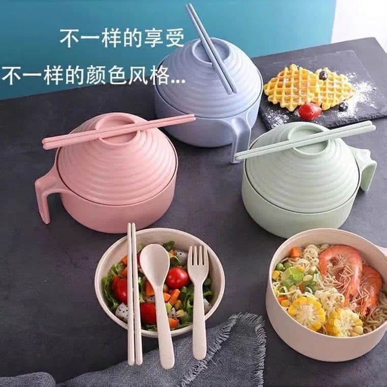 Tigela de macarrão estilo japonês para dormitório estudantil com tampa, utensílios de mesa de palha de trigo, tigela gra