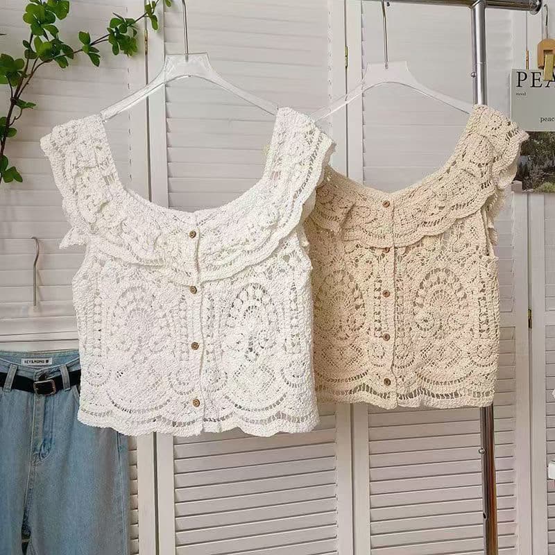 2025 verão novo estilo oco colete curto fino sem mangas exterior francês camisola colete jaqueta Cardigan colete