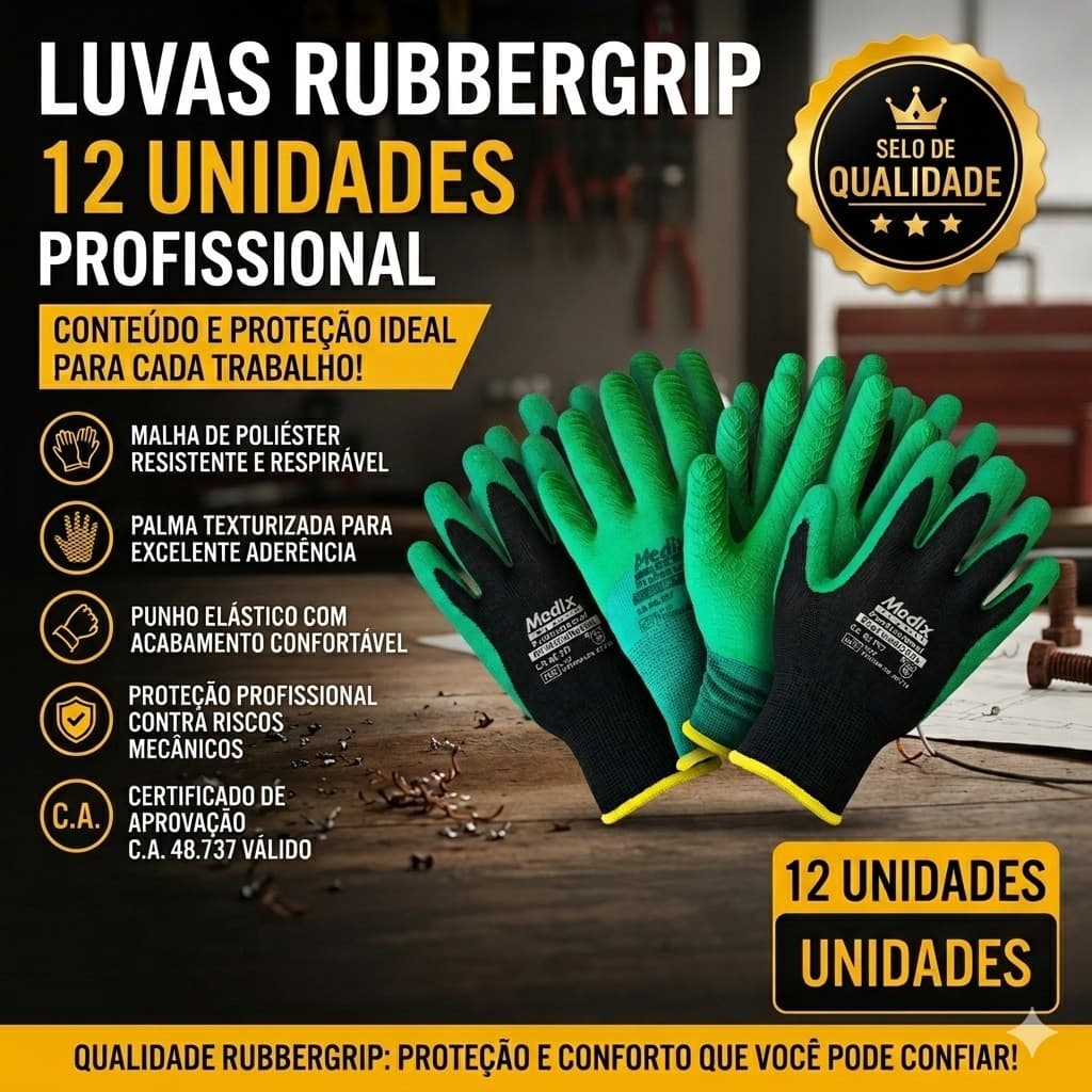 Kit 12 Luvas Rubbergrip Poliéster Profissional Verde G Ca48737