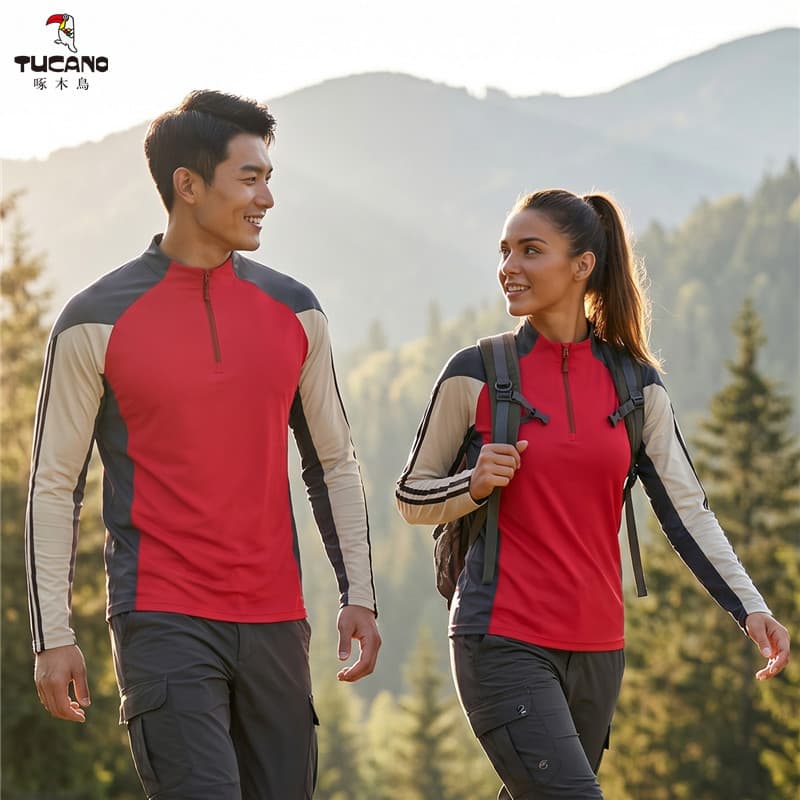 Woodpecker ao ar livre de secagem rápida camiseta de manga comprida masculino feminino mesmo estilo contraste cor gola a