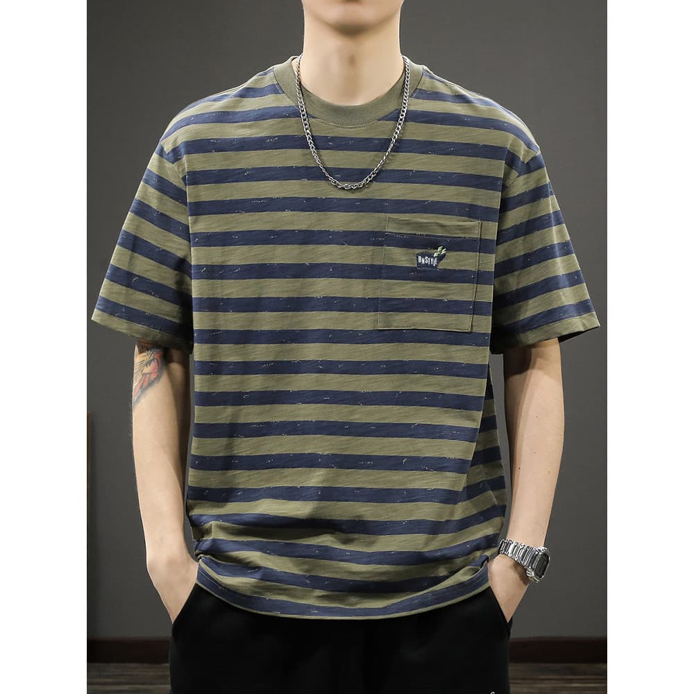 Verão novo estilo listrado casual de manga curta camiseta masculina americano Retro Street Wear solto casual meia manga