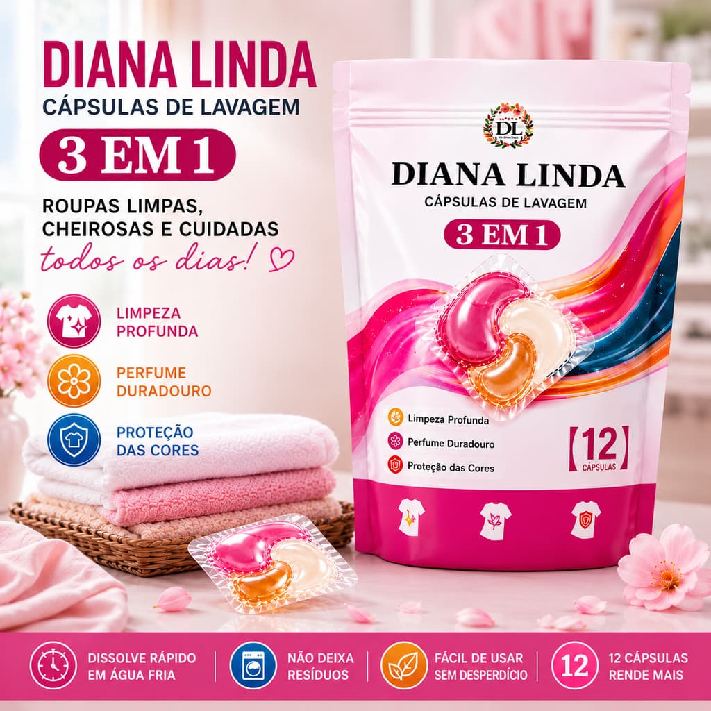 DIANA 12 Cápsulas Lava Roupas 3 em 1 Remove Manchas Limpeza Profunda Protege Cores Dissolve em Água Fria