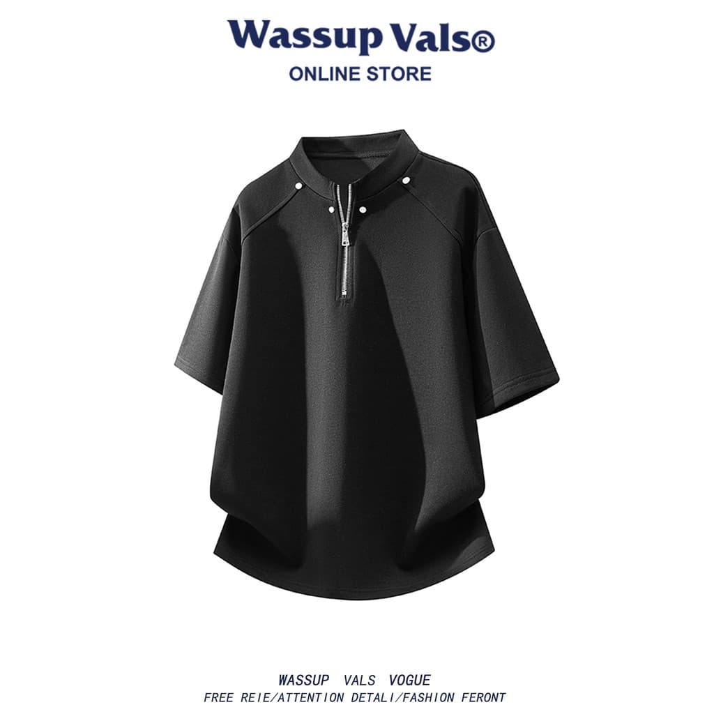 WASSUP VALS American Street Wear High-End Meio Zíper Gola Alta Camiseta de Manga Curta Verão Novo Estilo Casual