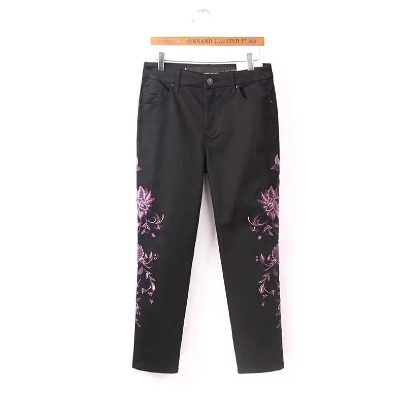 Primavera outono tamanho grande estilo étnico preto bordado Jeans feminino pedido estrangeiro 100kg cintura alta elástic
