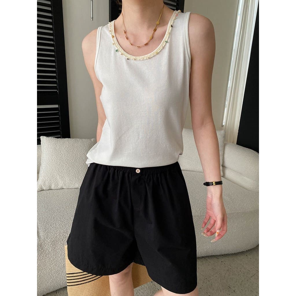 Colete feminino verão exterior Wear Tencel linho Design decote frisado estilingue interno High-End sentimento a e Sa top