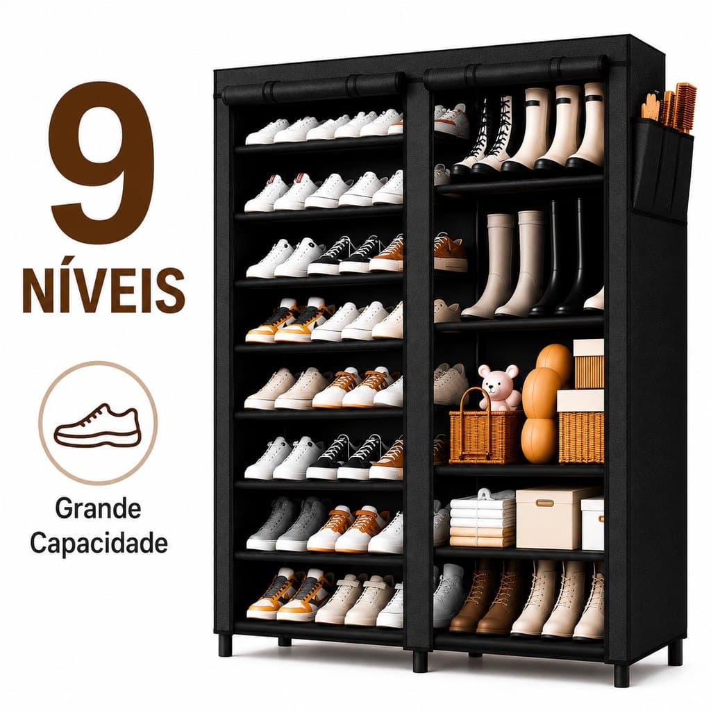 Sapateira 9 Níveis para até 40+ Pares, Capa com Zíper e Tecido Impermeável