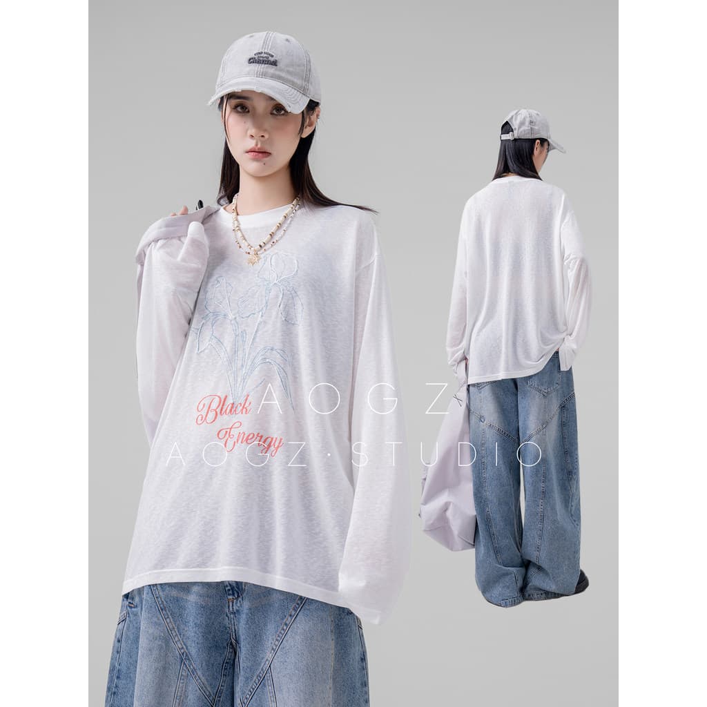 AOGZ legal sentimento Lyocell impresso camiseta de manga comprida das mulheres dos homens verão solto Tencel fino Casual