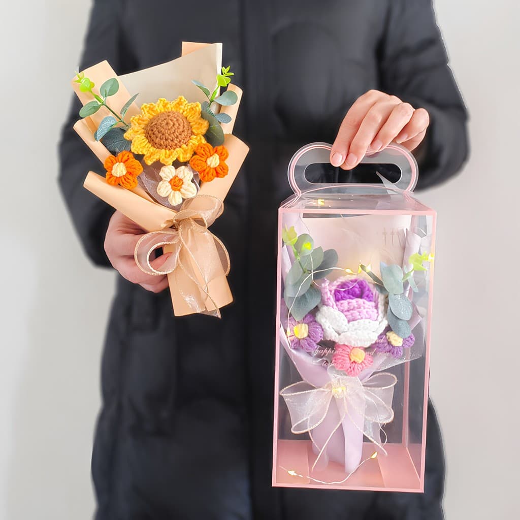 Fio de crochê artesanal pequeno buquê rosa girassol produto acabado simulação flor evento de férias caixa de presente cr