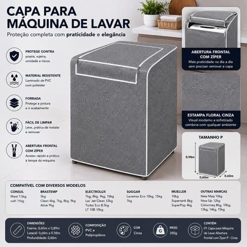 Capa Protecao Maquina Lavar Roupa Frontal Lavanderia Ziper Cinza Resistente