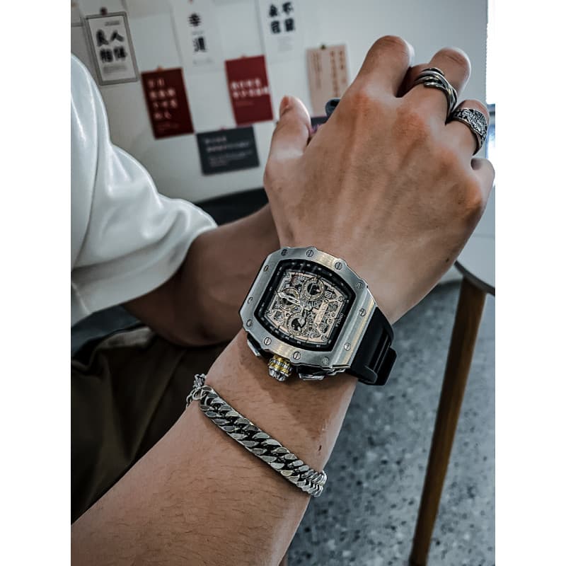 relogio masculino Relógio mecânico automático masculino, mostrador grande, conceito de buraco de minhoca, tipo barril, r