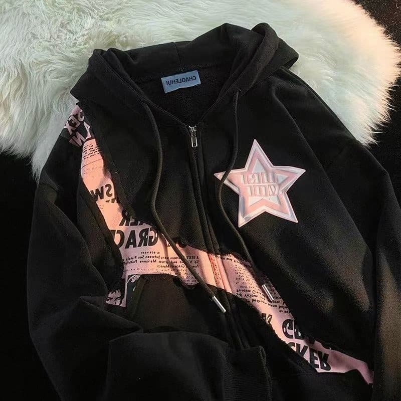 Estilo americano frito rua estrela carta impressão costura Cardigan moletom feminino primavera outono inverno doce estil