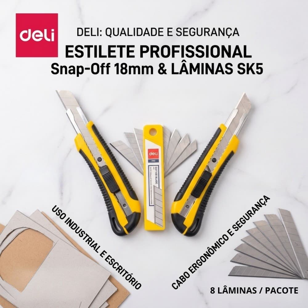 Estilete Profissional Deli Emborrachado com Trava 9mm e 18mm + Lâminas de Reposição