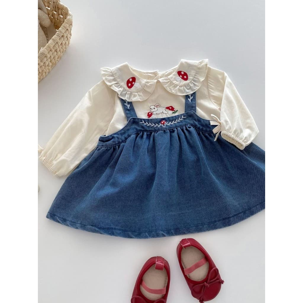 Primavera outono estilo meninas bordado boneca colarinho camisa Denim cinta saia conjunto de duas peças crianças moda te