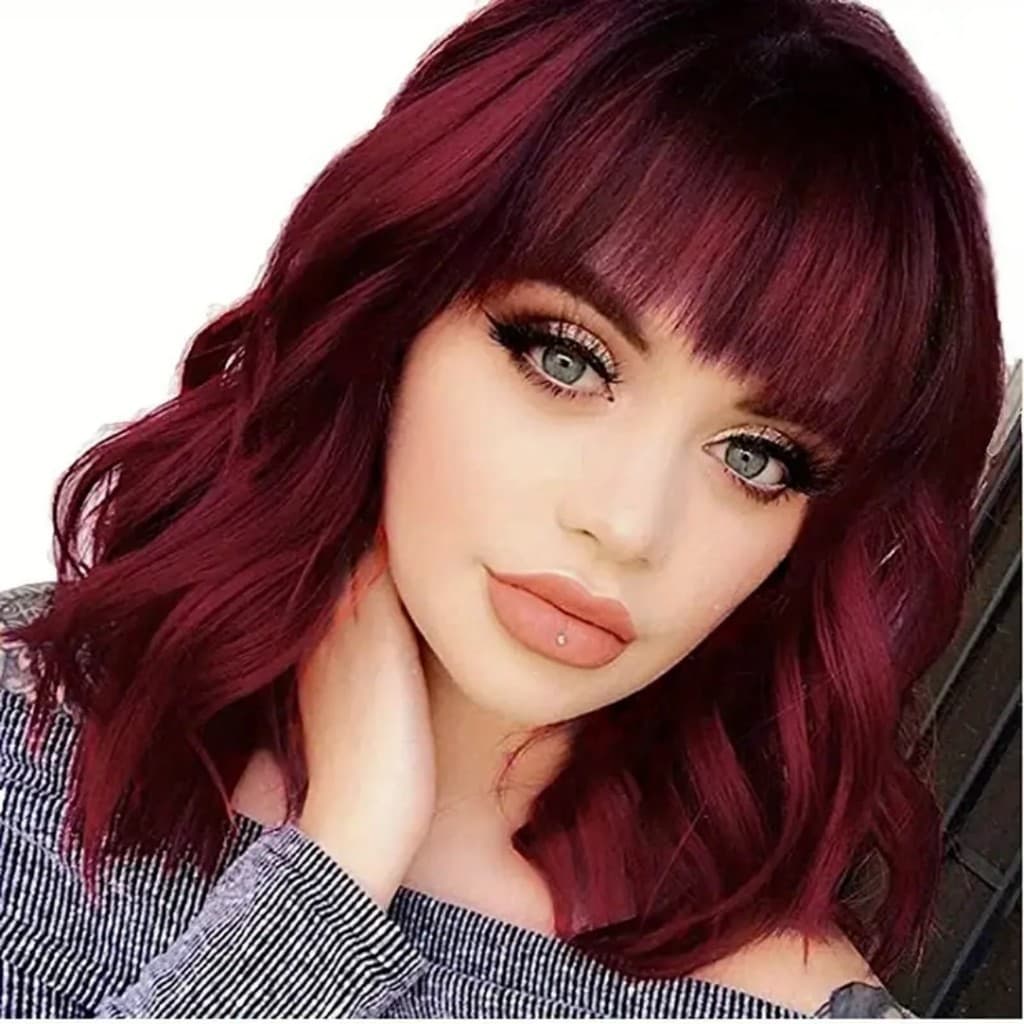 Peruca Vermelha De Vinho Orgânica Ondulada Com Franja Fibra Premium Lindíssima Top Hair MILA-T1B/BUG