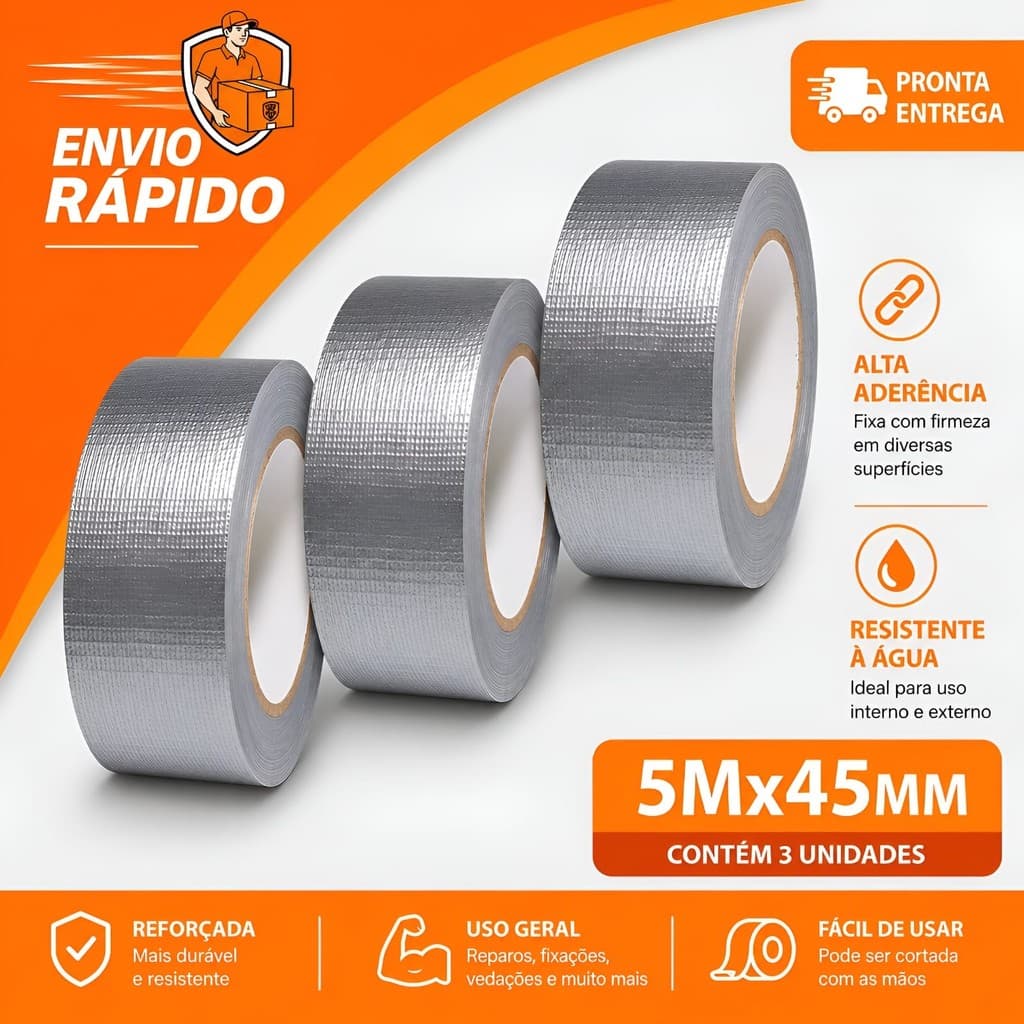 Silver Tape Fita Cinza 5 Metros Multiuso 45mm x 5metros Resistente Prata Rolo Reparo Adesiva