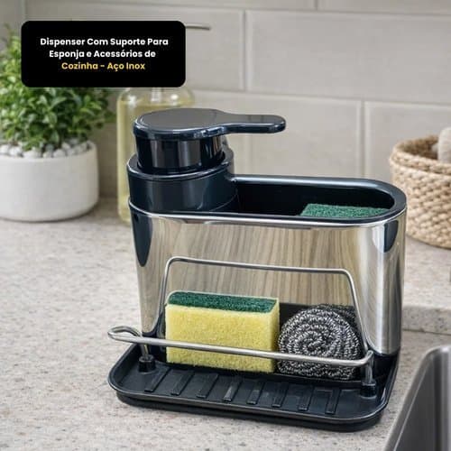 Dispenser Organizador Suporte Esponja Acessorios Cozinha Aco Inox Duravel Moderno