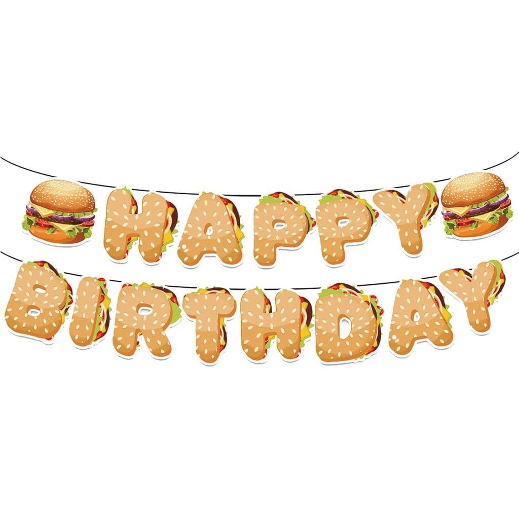 Happy Birthday Banner, Hamburger Banner, Hamburger Party Food Snacks Themed Supplies for Birthday Party Decor Girls Boys