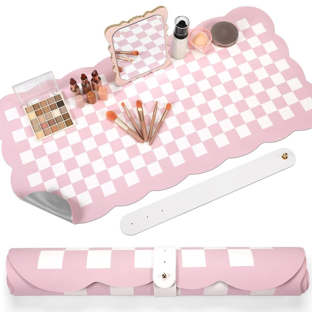 Tapete de Maquiagem Xadrez Rosa Nuanchu, Almofada de Maquiagem Pastel para Penteadeira, Tapete de Maquiagem de Dupla Fac
