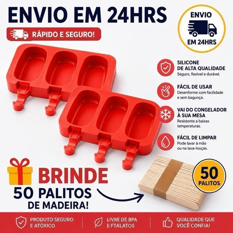 Forma de Silicone para Picolé com Tampa + 50 Palitos | Molde de Sorvete Reutilizável Antiaderente para Freezer