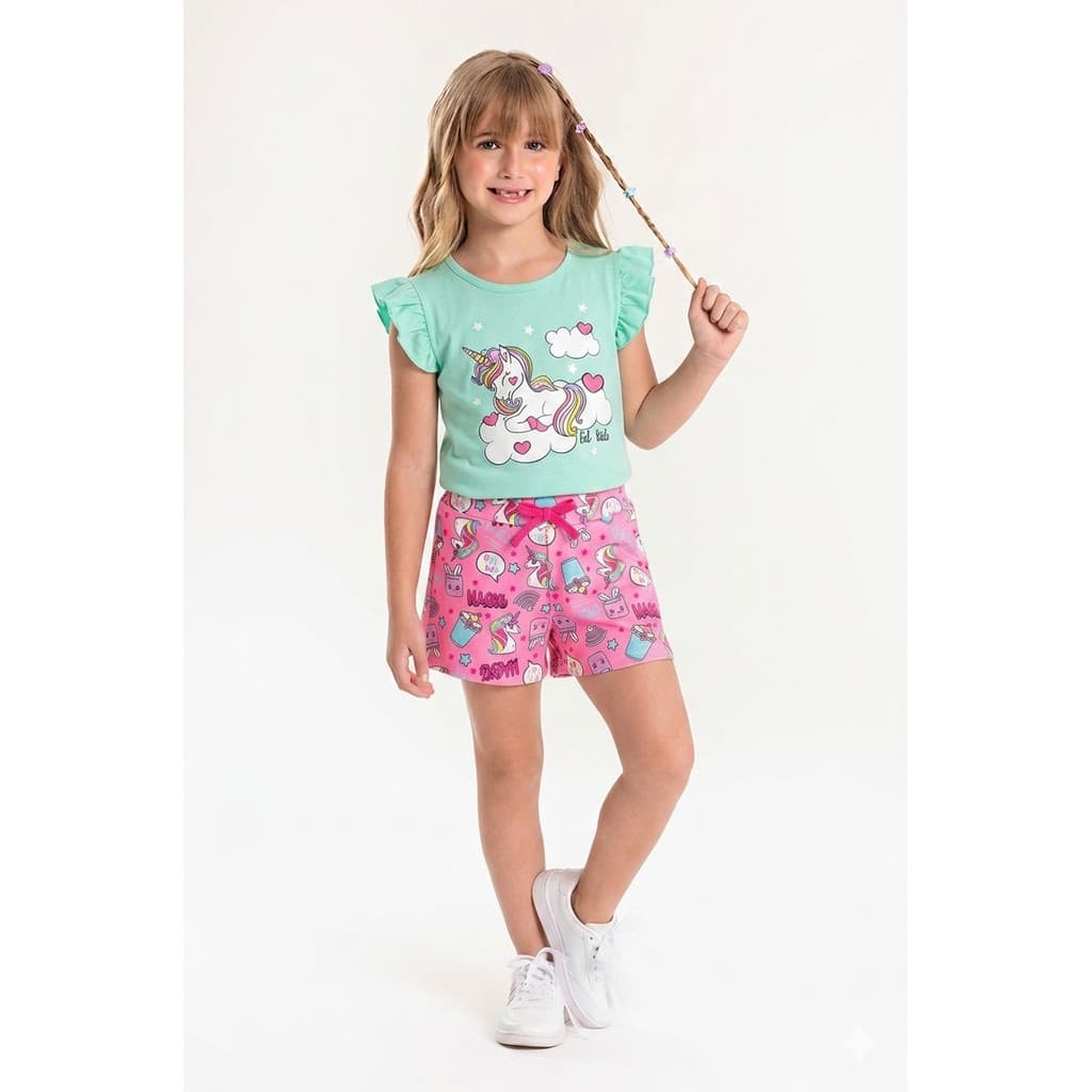 Conjunto Infantil Verão Feminino Manga Curta Unicornio - Verde