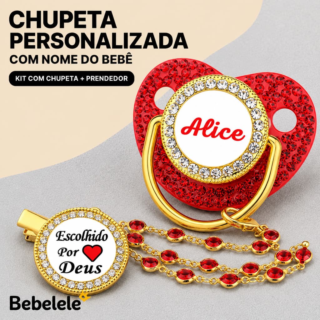 Chupeta vermelha para bebê, personalizada com nome/foto da menina, inclui prendedor de chupeta