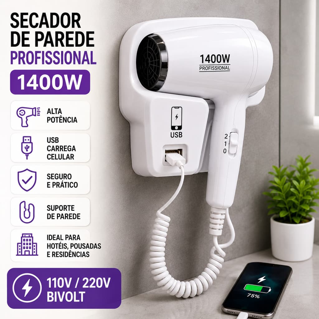 Secador De Parede Profissional 1400W Com USB Carrega Celular