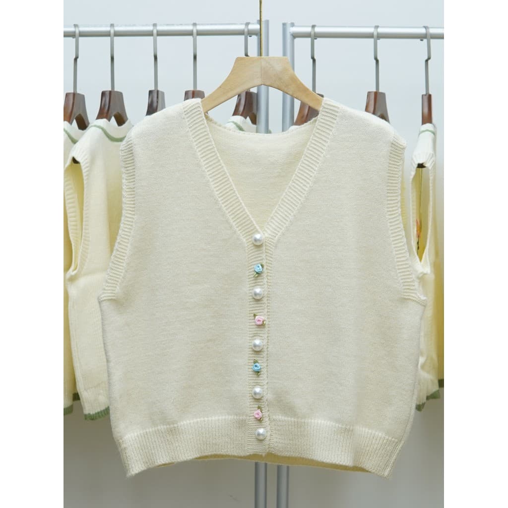 307 estilo coreano com decote em V botão de malha Cardigan colete feminino tridimensional flor All-Match em camadas cole
