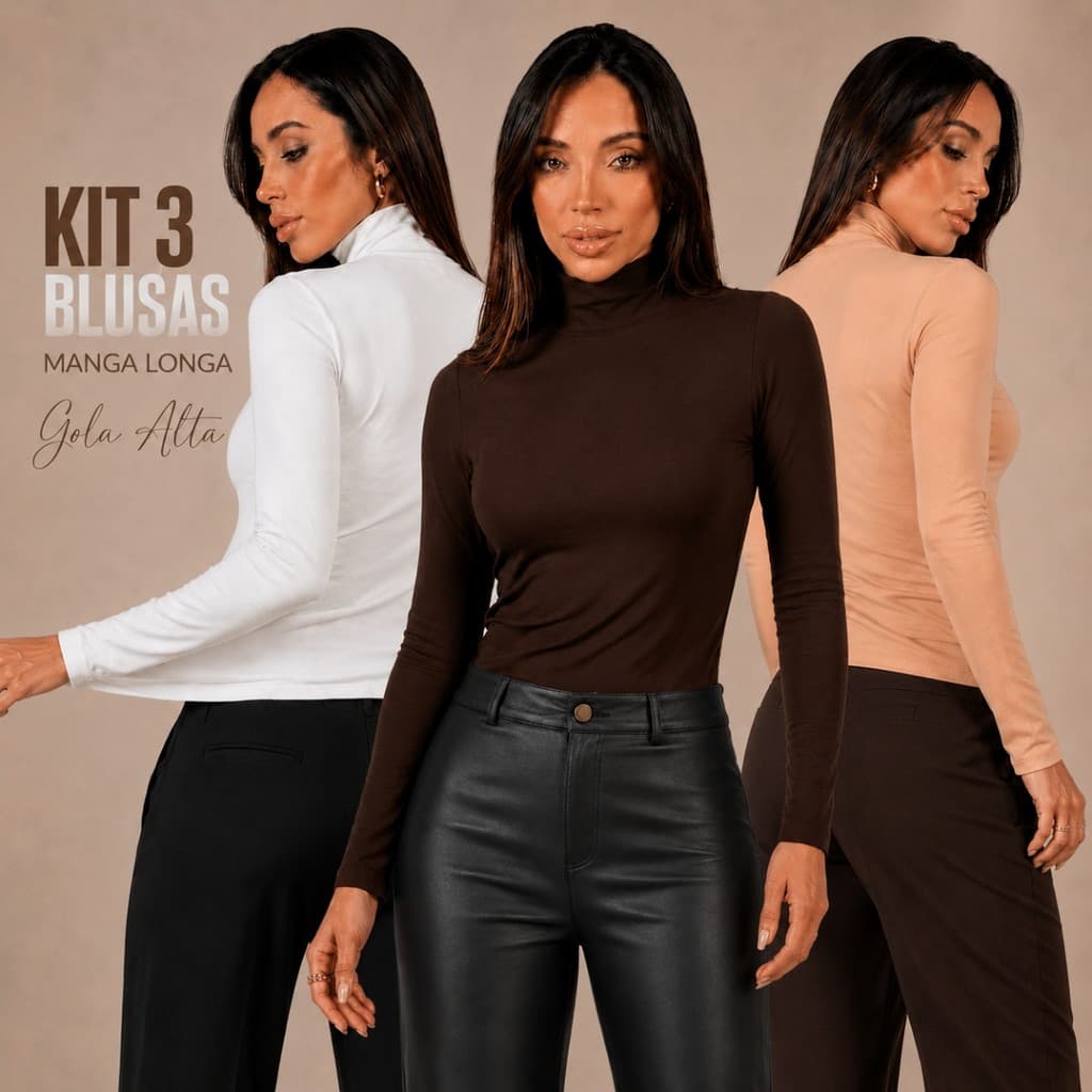 Kit 3 Blusa Feminina Manga Longa Cacharrel Gola Alta Segunda Pele Suplex Premium Moda Inverno