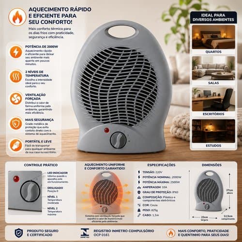 🔥 Aquecedor Elétrico Portátil 2000W 220V ♨️ Aquecimento Rápido • Compacto • Ideal para Casa 🏠