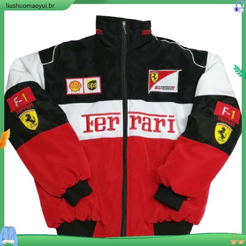 (100% Bordado) Jaqueta de Corrida F1 de Manga Longa, Estilo Retrô de Motocicleta, Equipe Ferrari, Roupas de Algodão para