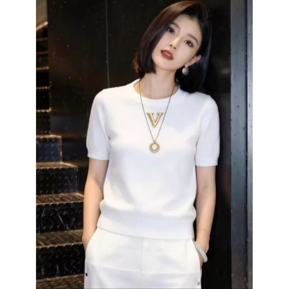 Luz de luxo nicho cinza malha de manga curta camiseta feminina 2026 verão novo estilo moda redução de idade moda t