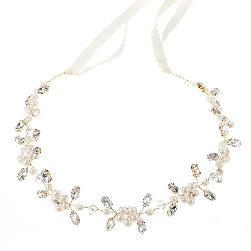 Tiara Yolev para Dama de Honra com Fitas Douradas, Acessório de Cabelo com Cristais e Pérolas para Festa de Aniversário,