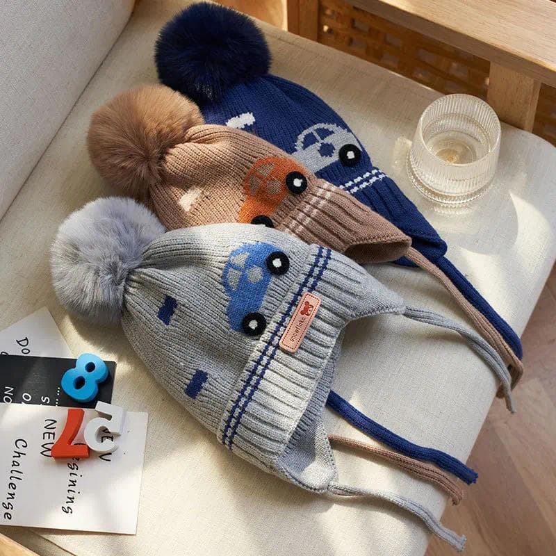 Inverno Bebê Menino Chapéu Com Earflap Bola De Pele Malha Crianças Gorro Bonés Da Criança Acessórios Infantis Forro De L