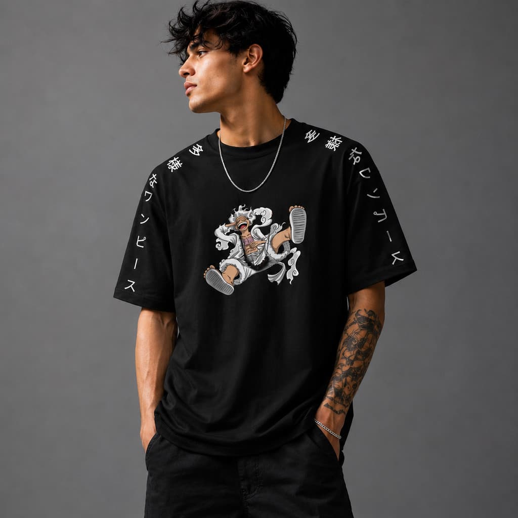 Camiseta Luffy Gear 5 Preta Estilo Anime Japonês Casual Confortável