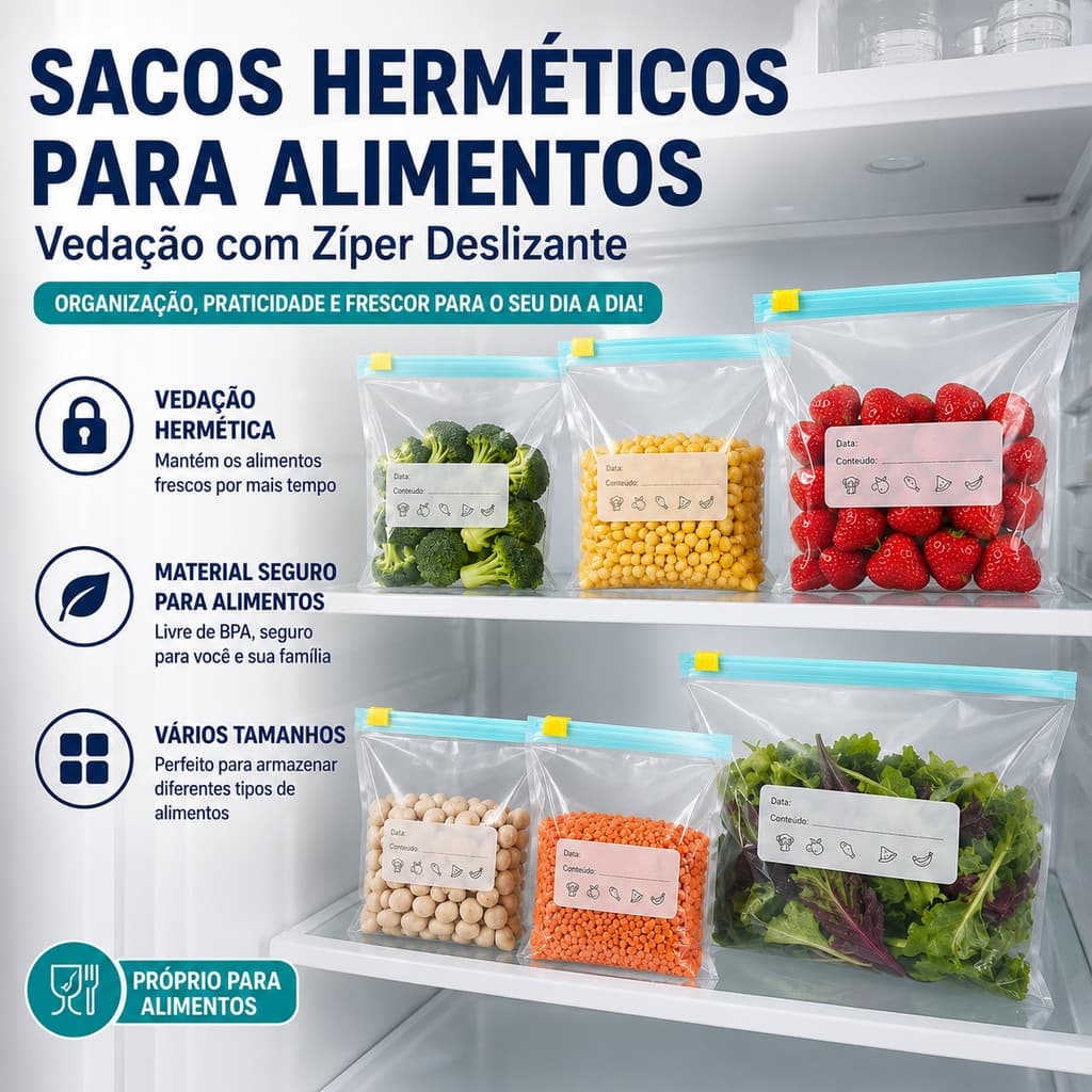 Kit 20 Sacos Para Armazenar Alimentos Reutilizáveis Congelador para Frutas Carnes e Legumes