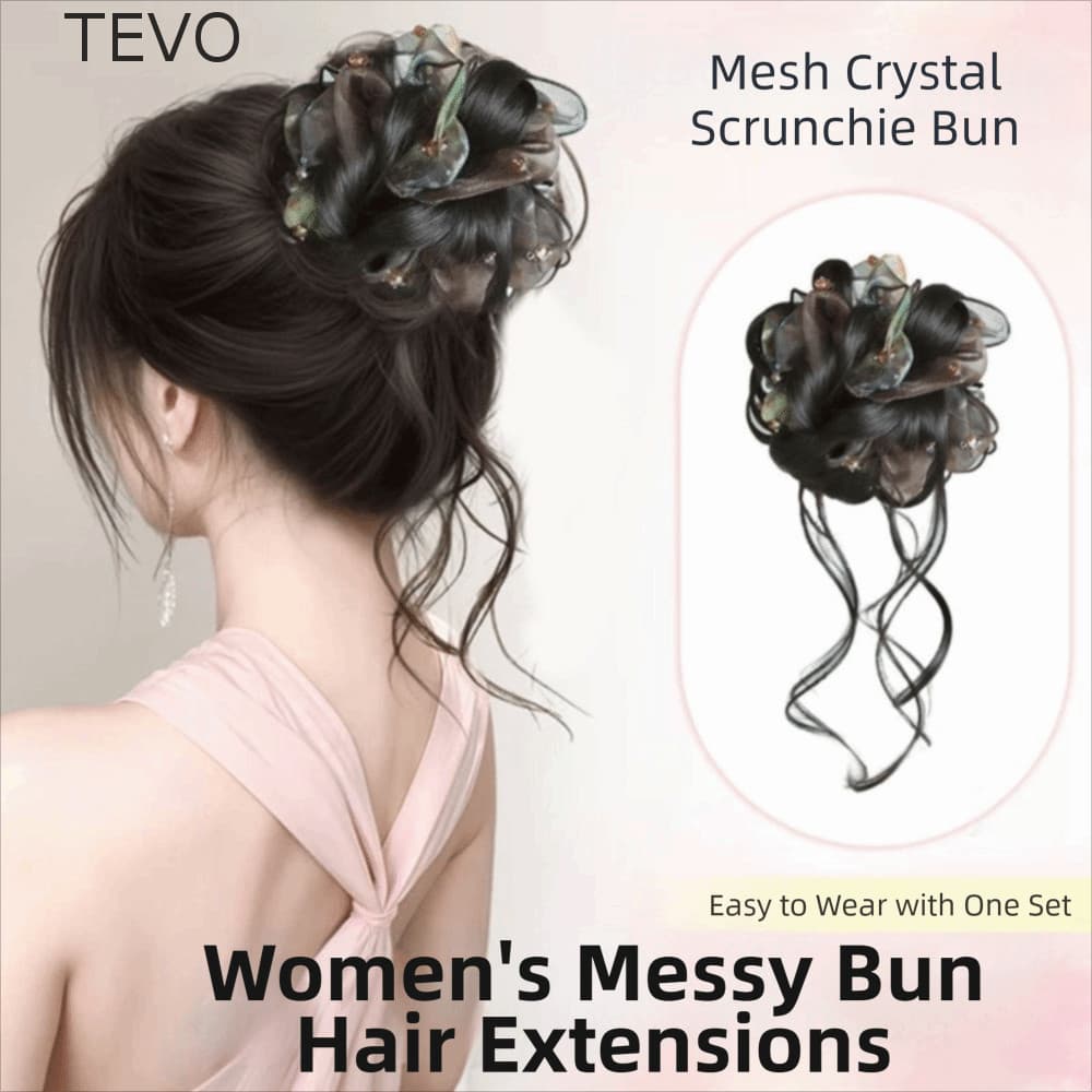 Extensões De Cabelo Bagunçado Feminino TEVO , Peças Sintético Malha Cristal Scrunchie Bun , Fofo