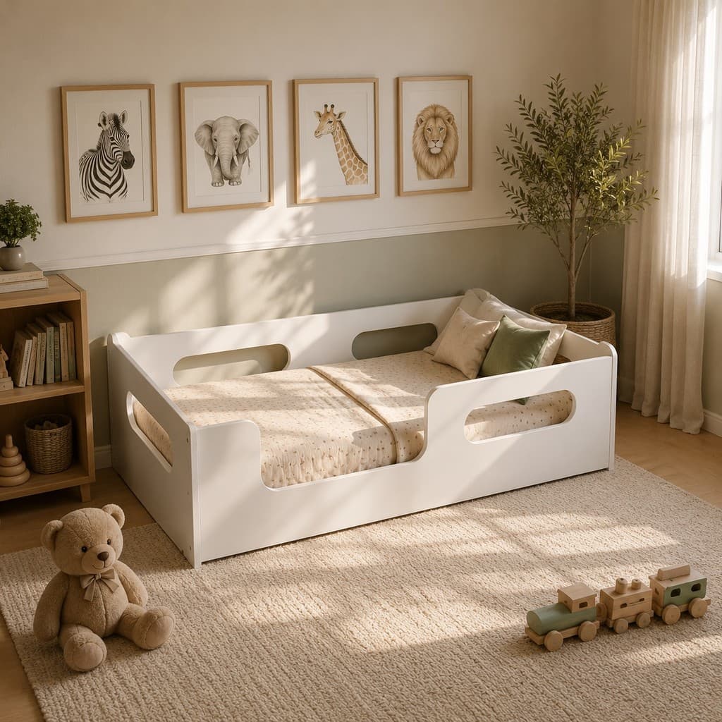 Cama Montessoriana Infantil Encanto MDF com Colchão Incluso Solteiro 150x70cm Grade de Proteção