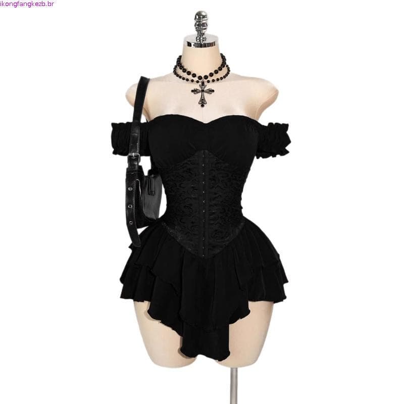 Vestido Curto Justo | Modelo Ombro à Mostra com Babados em Camadas【Sensual para Festas】