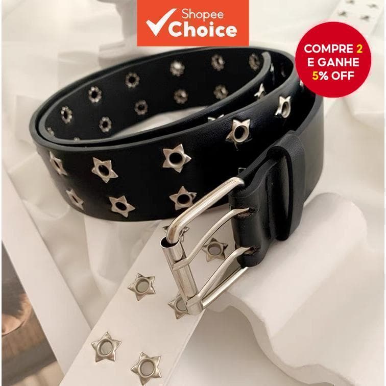 Cinto Feminino Preto Y2K Fileira Dupla Ajustável Metal Estrela Rebites Fivela Para Jeans Vestidos Cintura