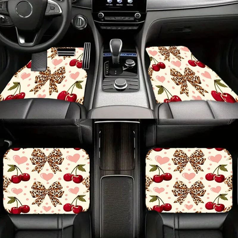 Um conjunto de quatro tapetes para pés de carro, com lindo design de arco com estampa de cereja e leopardo. São antiderr