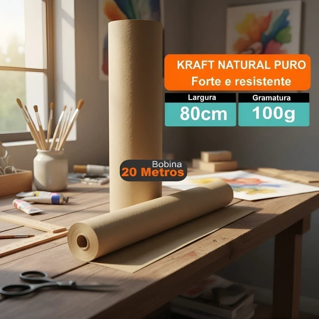 Bobina Papel Kraft Natural Puro Pardo 80cm X 20 Metros 100g Embalagem Sacolas Modelagem
