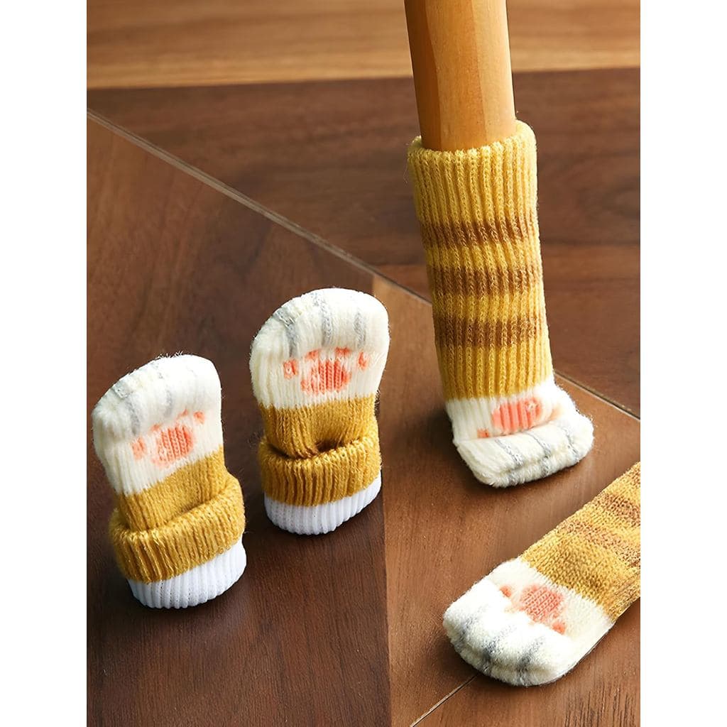 Conjunto de 4 Protetores de Pés de Cadeira em Tricô, Design de Patinha de Gato, Capas Elásticas para Pés Redondos e Quad