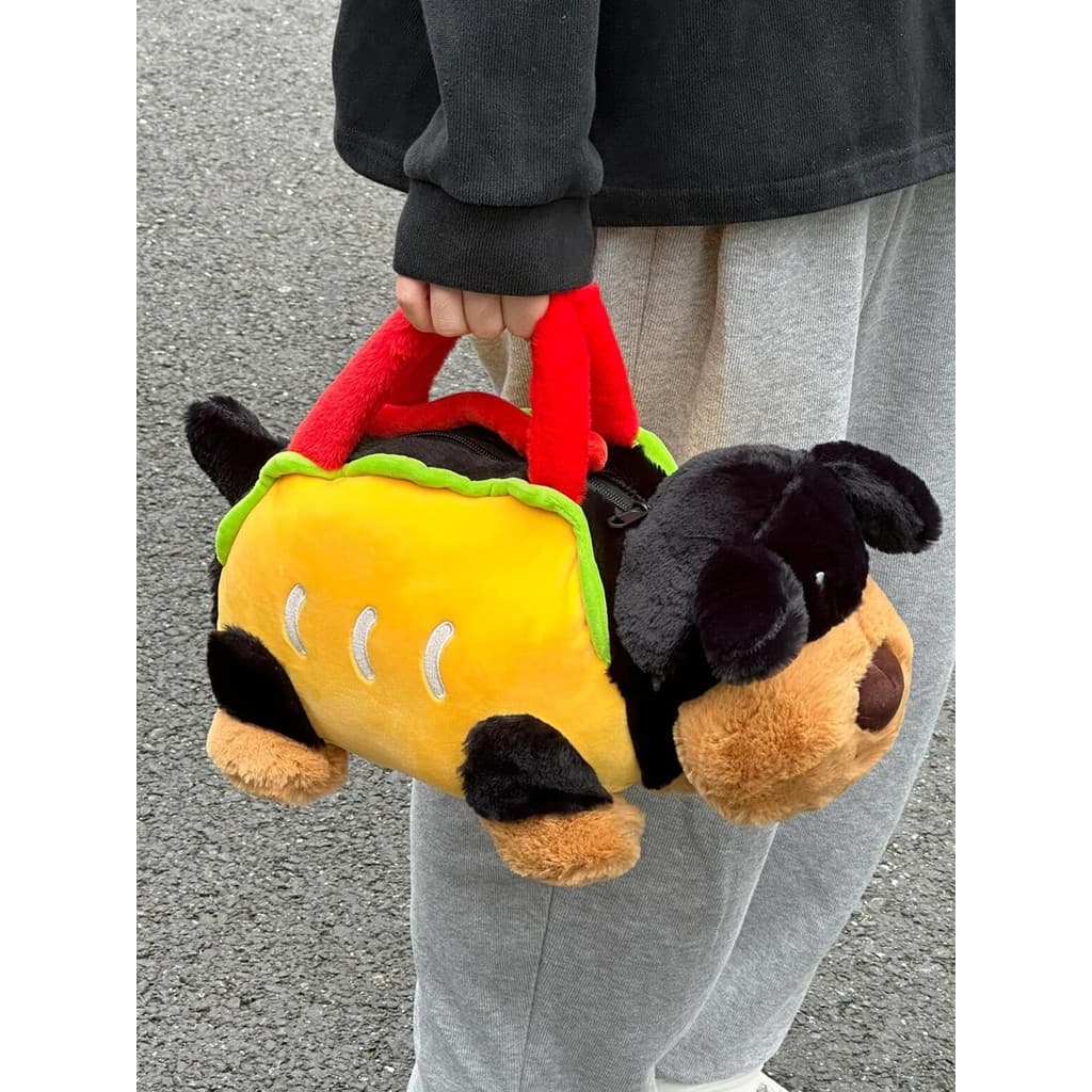 Criativo hambúrguer Dachshund cão bolsa nova bonito pelúcia ombro mensageiro saco engraçado hambúrguer cão boneca saco
